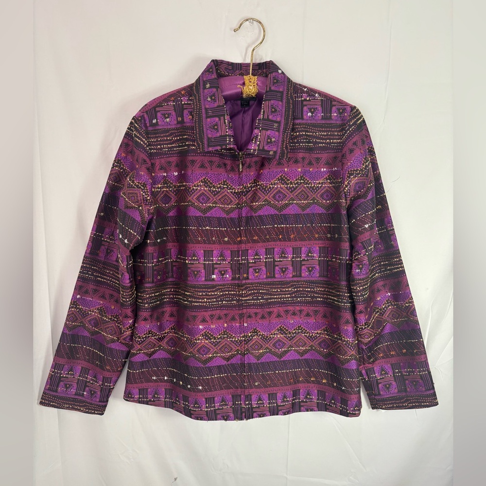 VTG Purple Textured Jacquard Southwest Lightweight Boho Zip‎ Up Jacket Size L